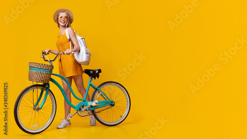 Summer Adventures. Portrait Of Cute Teen Hipster Girl With Vintage Bike