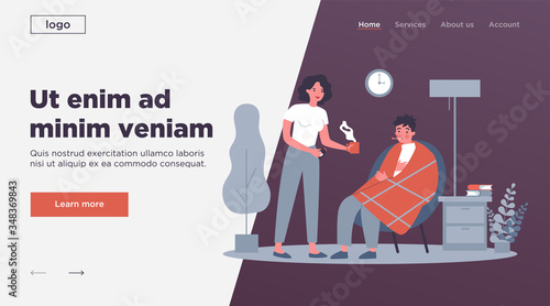 Young beautiful woman giving medicine to sick man in plaid flat vector illustration. Cartoon person sitting in armchair, having flu and getting cold. Healthcare and sickness concept.