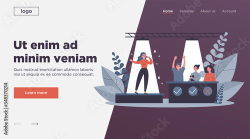 Woman signing at talent show flat vector illustration. Future celebrity singer standing on scene or stage in front of jury assessing her. Competition and television contest concept.