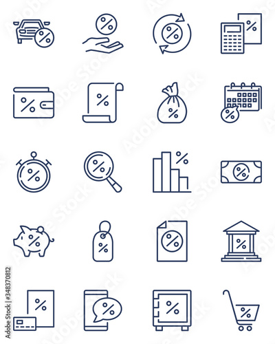 Bank interest line icon set. Loan product with percent sign, mortgage, debt, car credit, calculator, payment schedule, discount. Vector icon collection for economic, money, finance, investment topics