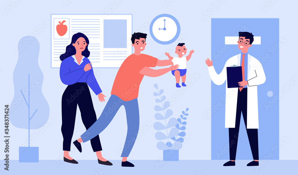 Obraz premium Parents going to doctor with their child. Physician greeting patient and baby crying flat vector illustration. Healthcare and hospital concept for banner, website design or landing web page