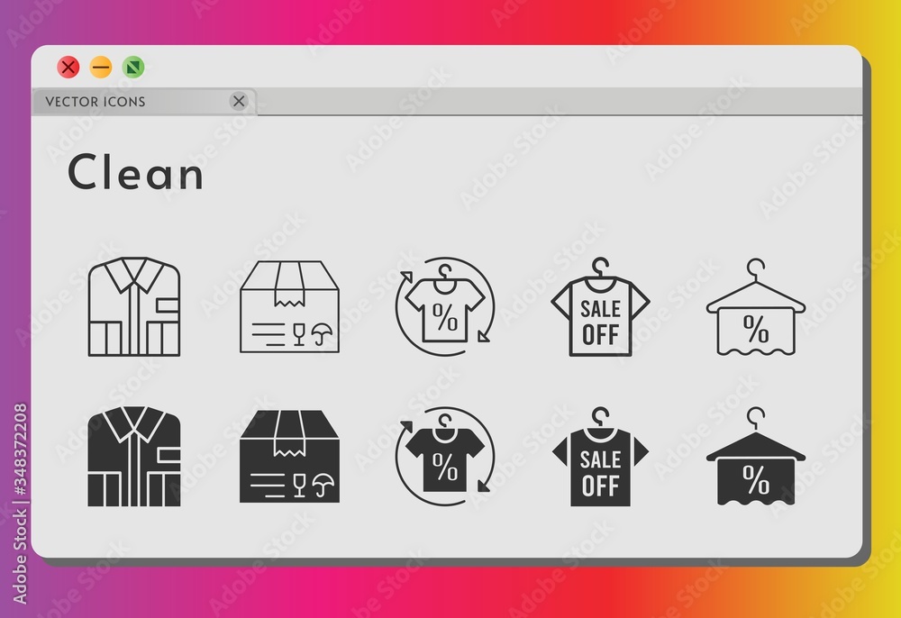 clean icon set. included shirt, package, towel icons on white background. linear, filled styles.