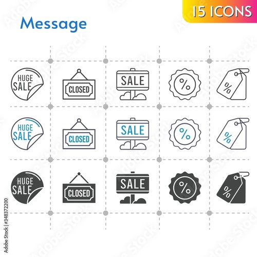message icon set. included sale, price tag, closed, discount icons on white background. linear, bicolor, filled styles.
