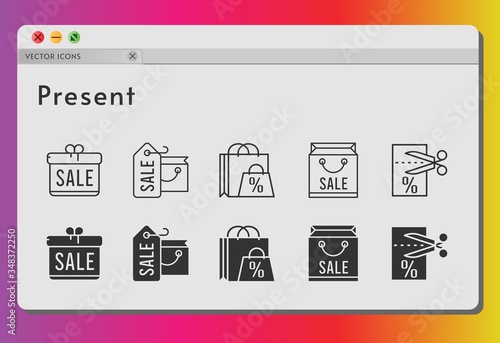 present icon set. included gift, shopping bag, voucher icons on white background. linear, filled styles.