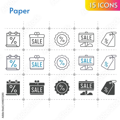 paper icon set. included calendar, gift, sale, price tag, discount icons on white background. linear, bicolor, filled styles.