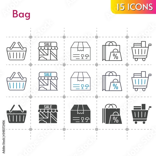 bag icon set. included shopping bag, shop, package, shopping cart, shopping-basket, shopping basket icons on white background. linear, bicolor, filled styles.