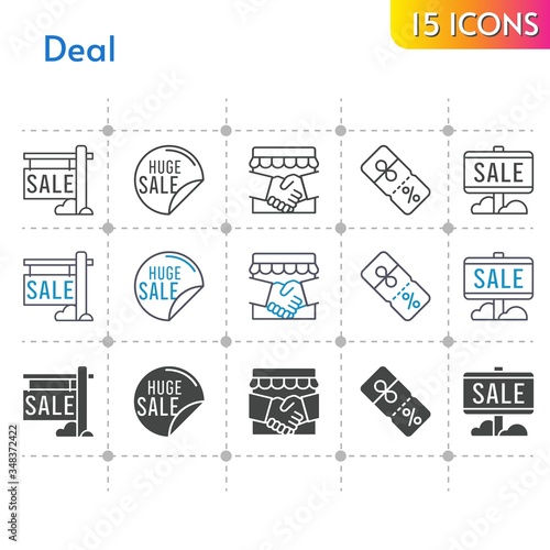 deal icon set. included handshake, sale, discount icons on white background. linear, bicolor, filled styles.