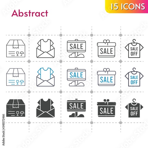 abstract icon set. included gift, newsletter, sale, package, shirt icons on white background. linear, bicolor, filled styles.