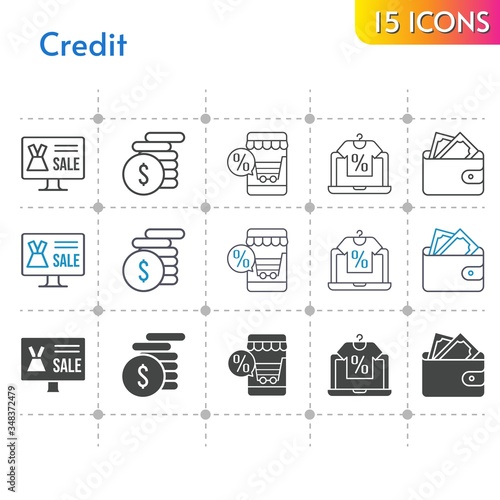 credit icon set. included online shop, wallet, money icons on white background. linear, bicolor, filled styles.