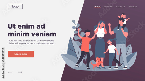 Tired young parents and mischievous happy children flat vector illustration. Exhausted mother and father surrounded by kids. Large family and parenting concept