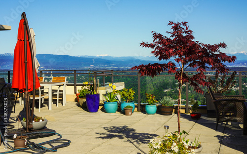 spring garden on patio overlooking valley 