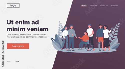 Volunteers helping disabled people. Group of men and women with special needs, on wheelchair, with prosthesis. Vector illustration for support, diversity, disability, lifestyle concept