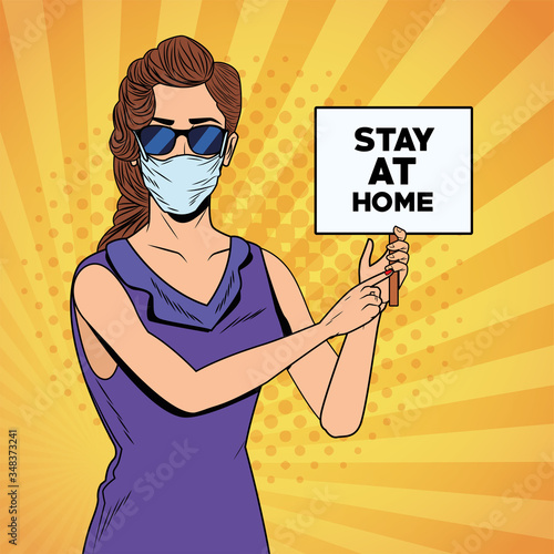 woman using face mask for covid19 with stay at home banner