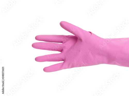 Person in rubber glove on white background, closeup of hand