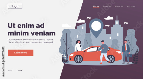 Commuters sharing car in city. People searching vehicle with location pointer. Vector illustration for transport rent, transfer, automobile, travel concept