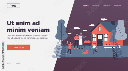 Happy family doing barbecue at garden flat vector illustration. Mother and father cooking outdoor near house. Kids playing with dog at backyard. BBQ party and weekend concept