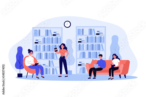 People in library flat vector illustration. Cartoon woman and man sitting on sofa, studying bookshelves and reading with books. Learning and knowledge concept