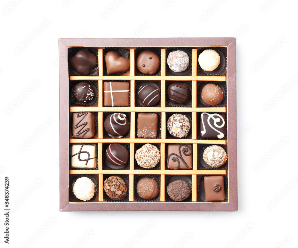 Box with tasty chocolate candies isolated on white, top view Box with tasty chocolate candies isolated on white, top view