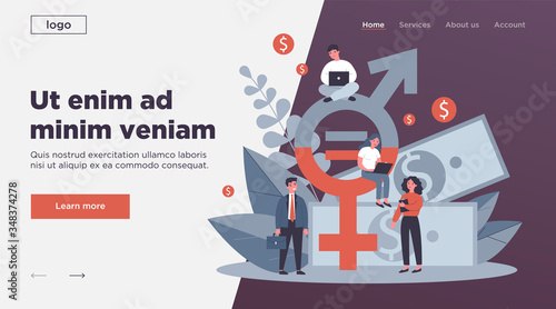 Employees gender salary equality. Business people with laptop working at cash and equal sign. Vector illustration for social respect, discrimination, diversity concept