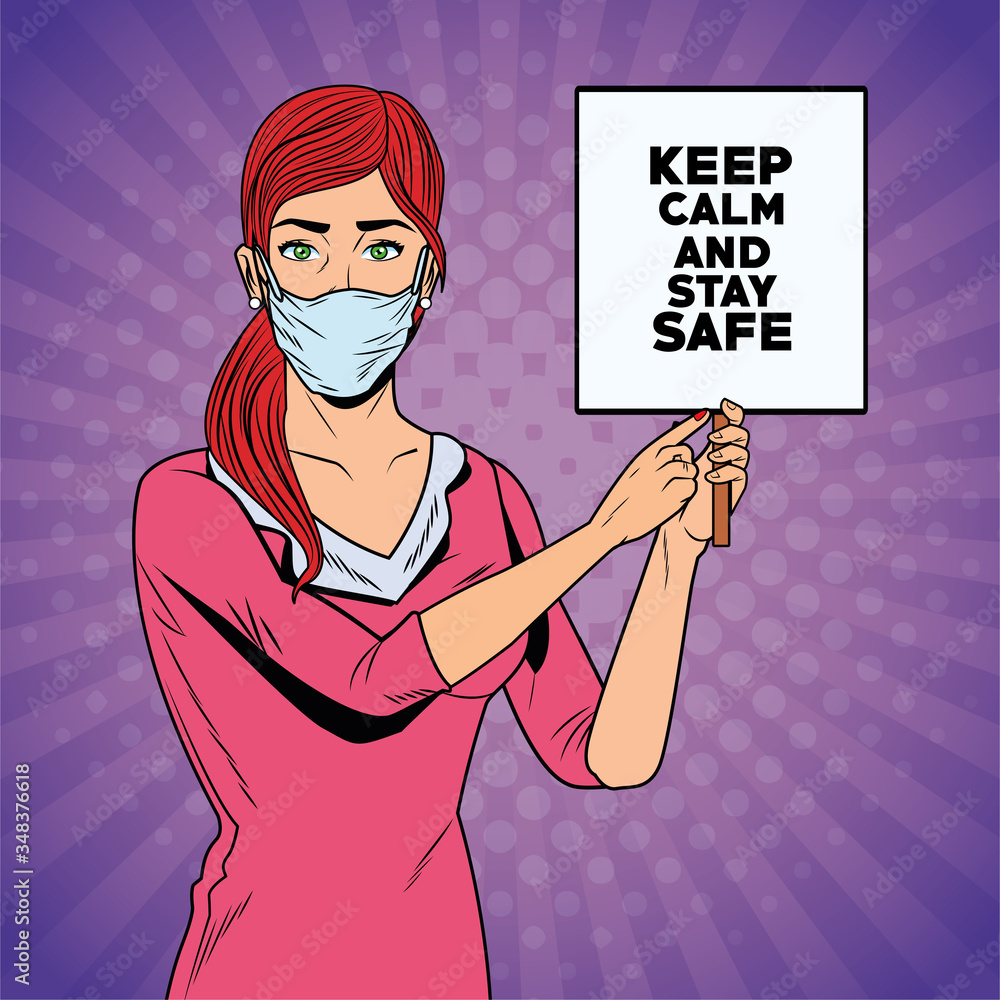 Fototapeta premium woman using face mask for covid19 with keep calm banner