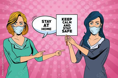 women using face masks for covid19 with speech bubble and banner