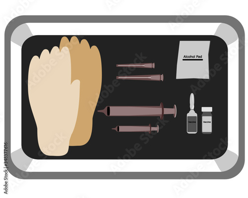 Set the equipment, gloves, syringes, alcohol, vaccine, prepared in a beater tray. For handicrafts to tear the vaccine