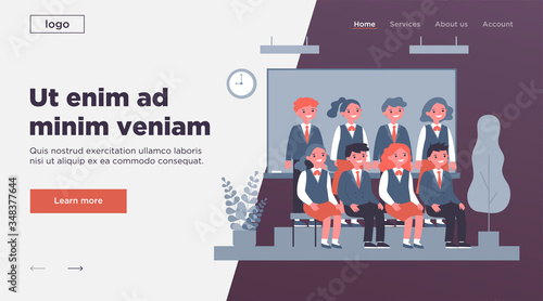Happy students posing for photo in classroom. Cheerful teen girls and guys in school uniforms sitting and standing at blackboard. Vector illustration for photography, classmates, education concept