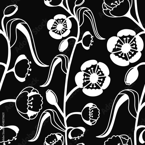 Floral decorative pattern. Maquis. Seamless white pattern on black background