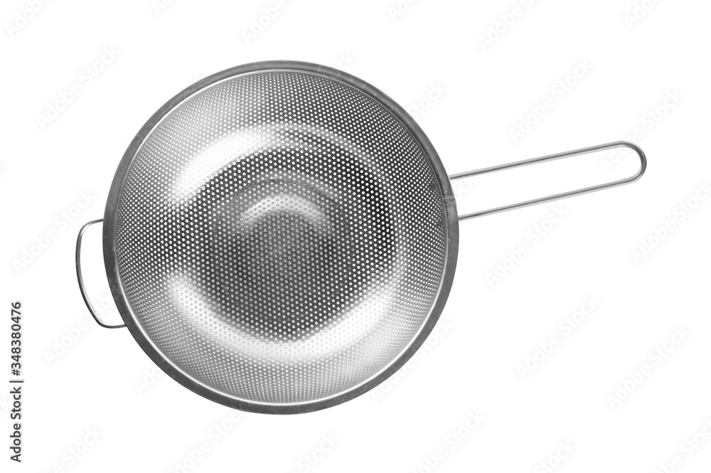 New clean sieve isolated on white, top view Cooking utensil