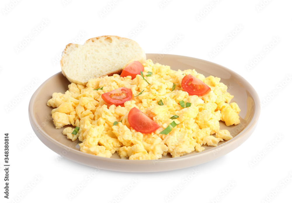 Tasty scrambled eggs with bread and cherry tomato isolated on white Tasty scrambled eggs with bread and cherry tomato isolated on white