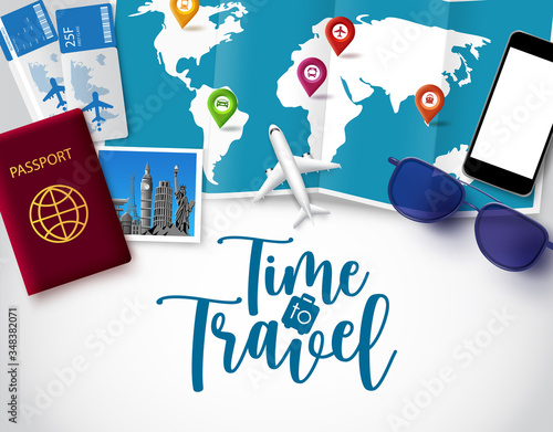 Time to travel vector banner template. Time to travel text in white space for messages with vacation trip and tour elements like world map, passport and ticket for holiday vacation in white background