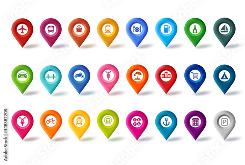 Travel map pin icons vector set. Colorful navigation map pins button with different sign for map and marker isolated in white background. Vector illustration.
