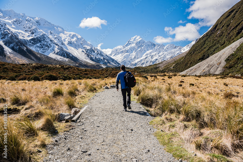 Hiking the Hooker Valley track with snow covered mountain view, Mount Cook National Park NZ