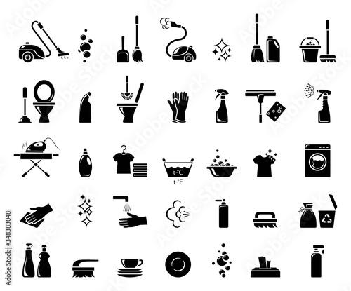 Cleaning icons. Icon set for infographic or website. Cleaning service and disinfection. Housekeeping, cleaning of residential and office premises. Prevention of coronavirus. Isolation. Vector