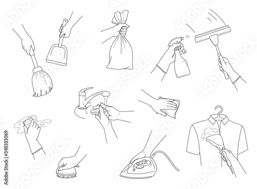 Hand collection. Cleaning. Hands holding cleaning tools. Housekeeping and cleaning service. Window cleaning, Ironing, floor cleaning, clothes cleaning. Isolated contour. Vector