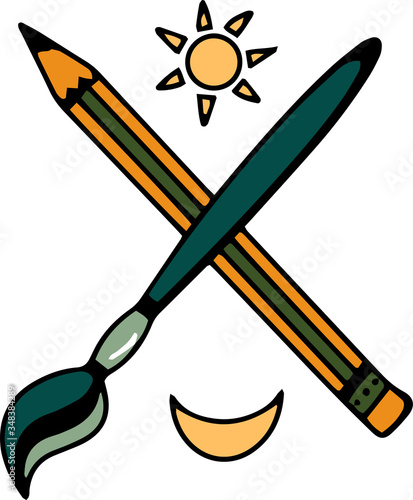 Vector logo for an Illustrator. Icon of creativity with an artistic brush, pencil, sun and moon.