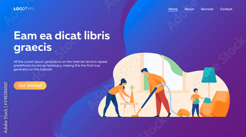 Happy family housekeeping together flat vector illustration. Daughter, mother and father working for household and clean home. Housekeeping and house concept