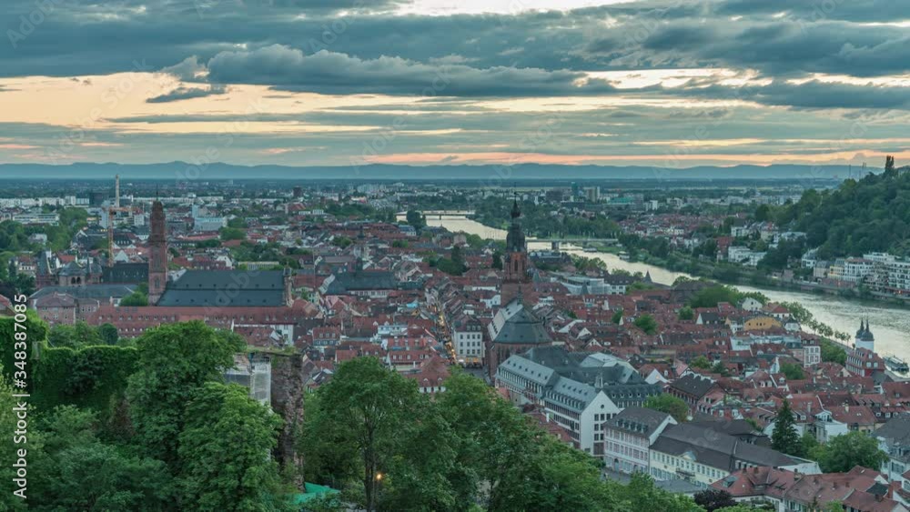 Germany heidelberg skyline time lapse from day to night.