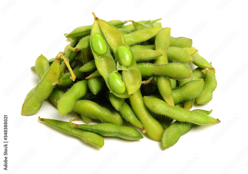 Edamame, boiled green soy beans, famousjapanese food on white background Edamame, boiled green soy beans, famousjapanese food on white background