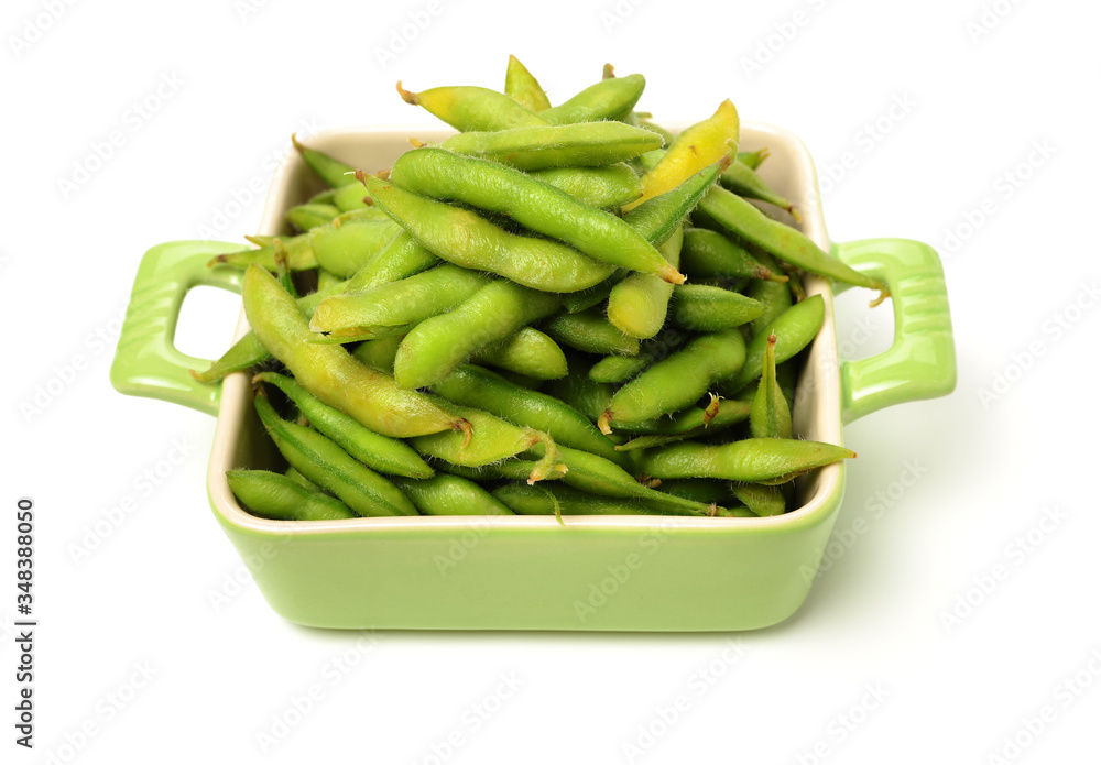 Edamame, boiled green soy beans, famousjapanese food on white background Edamame, boiled green soy beans, famousjapanese food on white background