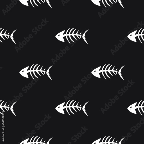 Fish bones Seamless pattern. Fish skeleton doodle, Hand drawn Cartoon Vector illustration