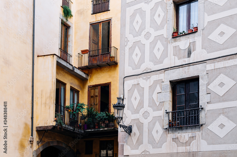 Old residential buildings on La Rambla street in Barcelona, Spain.