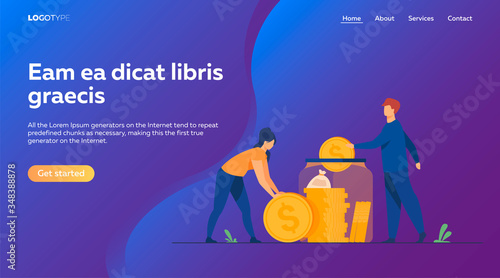 Family couple saving money. Man and woman inserting cash into glass jar. Vector illustration for finance, deposit, economy, investment, banking, concept