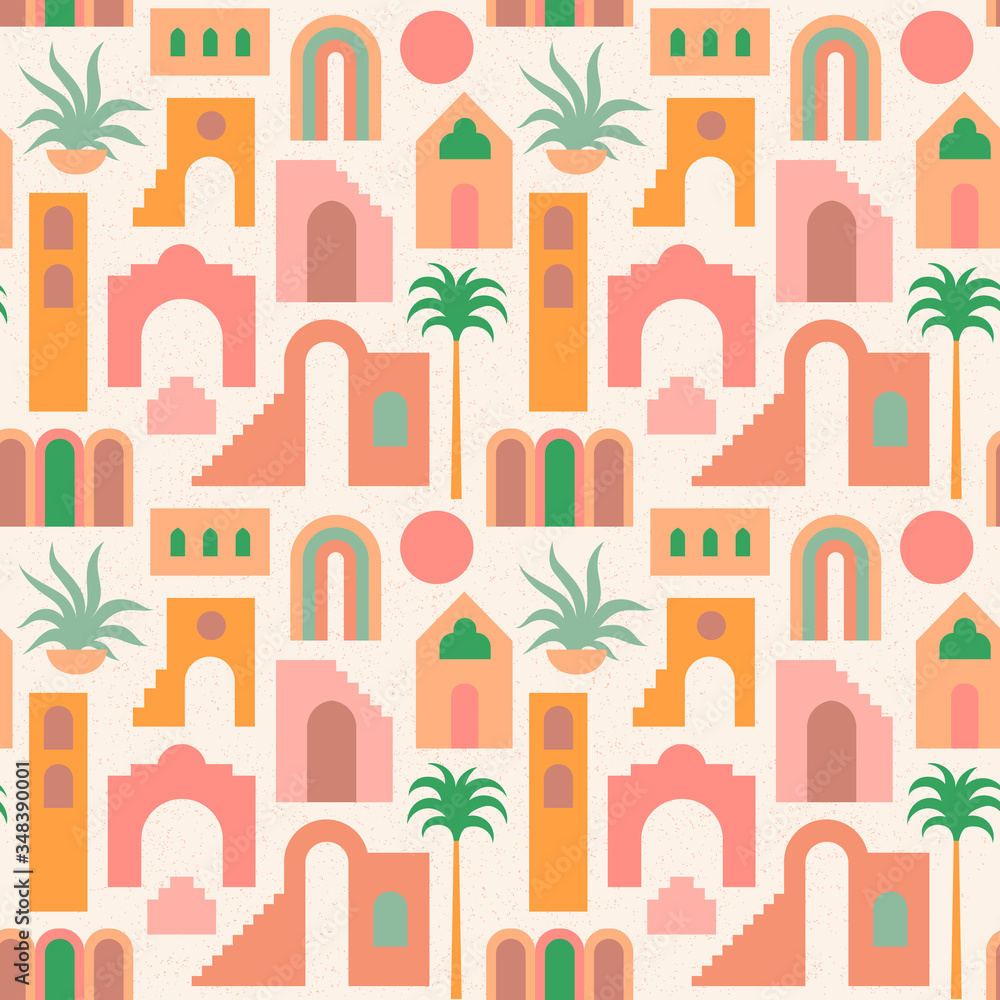 Seamless pattern with flat geometry architecture, Moroccan stairs, walls, arch, arc, palm tree. Boho style. Mid Century modern abstract print. Earthy tone, terracotta colors. Ancient orient city