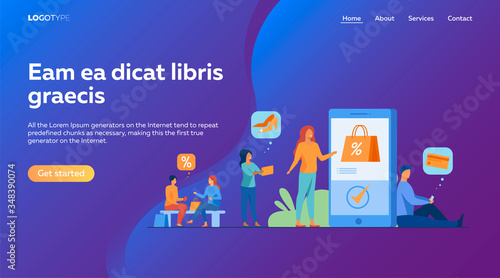 Customers with smartphones shopping online. Men and women buying goods at internet store sales. Vector illustration for e-commerce, security transfer payment concept