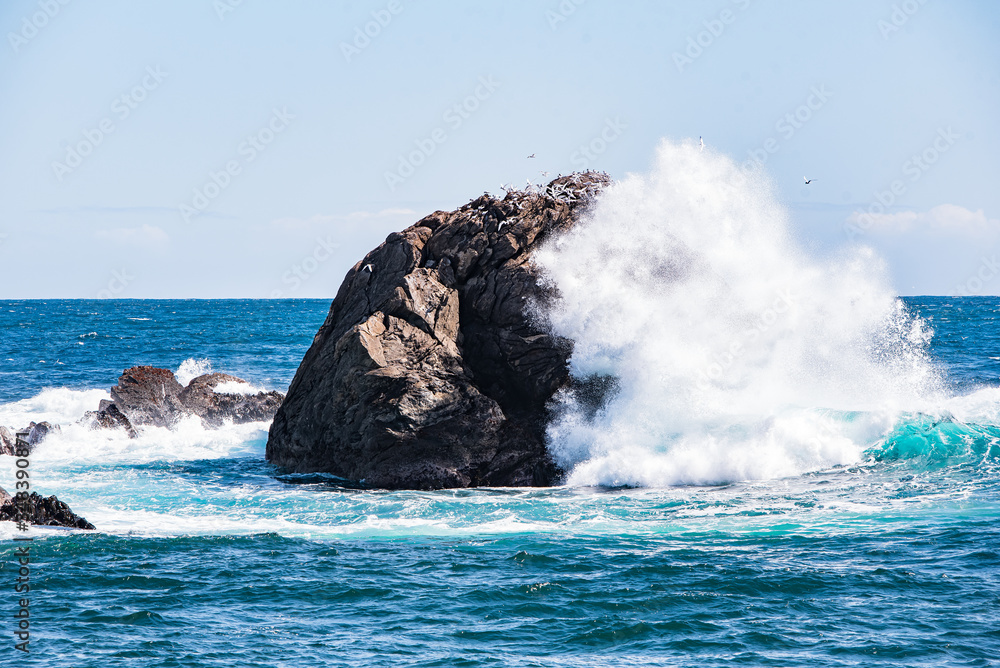waves crashing on a rock