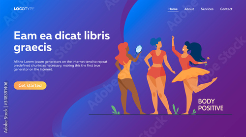 Happy girls admiring their bodies flat vector illustration. Body positive female characters smiling each other. Active women with plus size figures. Different beauty, fashion and healthy lifestyle