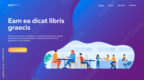 People eating in food court cafeterias. Cartoon characters sitting at cafe tables and having lunch or dinner. Vector illustration for restaurant interior, catering, shopping mall concept