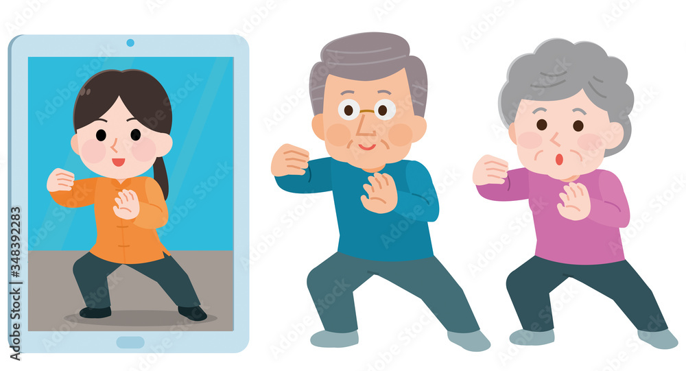 オンライン レッスン 太極拳 高齢者 男性女性 イラスト オンライン レッスン 太極拳 高齢者 男性女性 イラスト