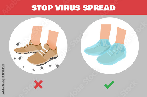 Use shoe covers for protection against dirt  virus bacteria. Stop Coronavirus (COVID-19) spread concept.